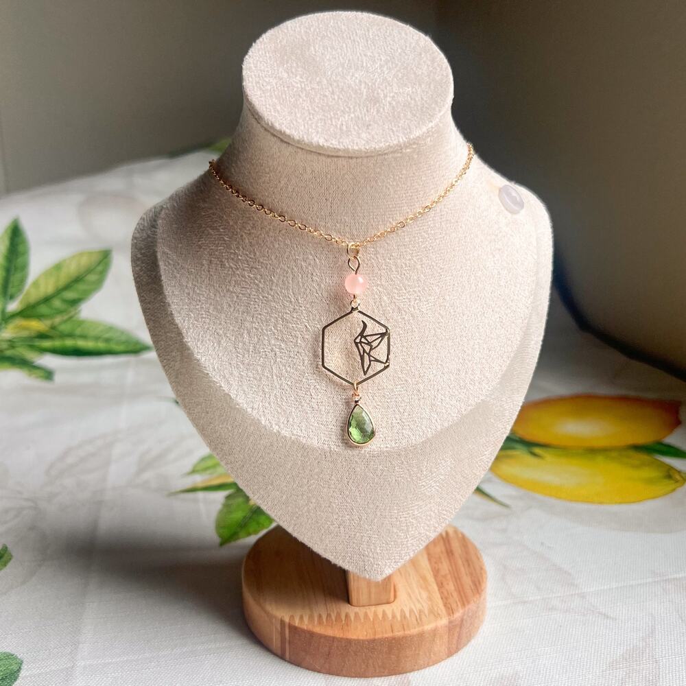 Japanese Origami Novelty Whimsical Peridot Necklace, Kiwi Kawaii Casual Fun Gift